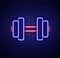 Glowing neon line Dumbbell icon isolated on brick wall background. Muscle lifting, fitness barbell, sports equipment