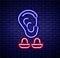 Glowing neon line Earplugs and ear icon isolated on brick wall background. Ear plug sign. Noise symbol. Sleeping quality