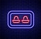 Glowing neon line Earplugs with storage box icon isolated on brick wall background. Ear plug sign. Noise symbol