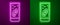 Glowing neon line Effervescent aspirin tablets dissolve in a glass of water icon isolated on purple and green background