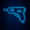 Glowing neon line Electric hot glue gun icon isolated on brick wall background. Hot pistol glue. Hot repair work