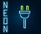 Glowing neon line Electric plug icon isolated on black background. Concept of connection and disconnection of the