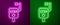 Glowing neon line Emergency brake icon isolated on purple and green background. Vector