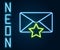 Glowing neon line Envelope with star icon isolated on black background. Important email, add to favourite icon. Starred