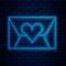 Glowing neon line Envelope with Valentine heart icon isolated on brick wall background. Message love. Letter love and