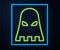 Glowing neon line Executioner mask icon isolated on brick wall background. Hangman, torturer, executor, tormentor