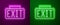 Glowing neon line Exit icon isolated on purple and green background. Fire emergency icon. Vector