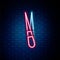 Glowing neon line Eyebrow tweezers icon isolated on brick wall background. Cosmetic tweezers for ingrown hair. Colorful