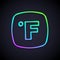 Glowing neon line Fahrenheit icon isolated on black background. Vector