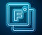 Glowing neon line Fahrenheit icon isolated on blue background. Vector