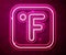 Glowing neon line Fahrenheit icon isolated on red background. Vector