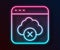 Glowing neon line Failed access cloud storage icon isolated on black background. Cloud technology data transfer and