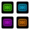 Glowing neon line Fast forward icon isolated on white background. Black square button. Vector