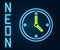 Glowing neon line Fast time delivery icon isolated on black background. Timely service, stopwatch in motion, deadline