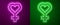 Glowing neon line Female gender symbol icon isolated on purple and green background. Venus symbol. The symbol for a