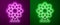 Glowing neon line Ferris wheel icon isolated on purple and green background. Amusement park. Childrens entertainment