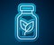 Glowing neon line Fertilizer bottle icon isolated on blue background. Vector