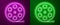 Glowing neon line Film reel icon isolated on purple and green background. Vector Illustration