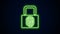 Glowing neon line Fingerprint with lock icon isolated on black background. ID app icon. Identification sign. Touch id