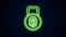 Glowing neon line Fingerprint with lock icon isolated on black background. ID app icon. Identification sign. Touch id