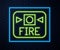Glowing neon line Fire alarm system icon isolated on brick wall background. Pull danger fire safety box. Vector