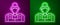 Glowing neon line Fisherman icon isolated on purple and green background. Vector