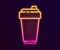 Glowing neon line Fitness shaker icon isolated on black background. Sports shaker bottle with lid for water and protein