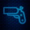 Glowing neon line Flare gun pistol signal sos icon isolated on brick wall background. Emergency fire shoot target smoke