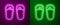 Glowing neon line Flip flops icon isolated on purple and green background. Beach slippers sign. Vector