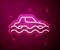 Glowing neon line Flood car icon isolated on red background. Insurance concept. Flood disaster concept. Security, safety