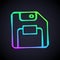 Glowing neon line Floppy disk for computer data storage icon isolated on black background. Diskette sign. Vector