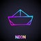 Glowing neon line Folded paper boat icon isolated on black background. Origami paper ship. Vector