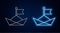 Glowing neon line Folded paper boat icon isolated on brick wall background. Origami paper ship. Vector