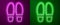 Glowing neon line Footsteps icon isolated on purple and green background. Detective is investigating. To follow in the