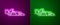 Glowing neon line Formula 1 racing car icon isolated on purple and green background. Vector Illustration