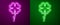 Glowing neon line Four leaf clover icon isolated on purple and green background. Happy Saint Patrick day. Vector
