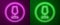 Glowing neon line Fragile broken glass symbol for delivery boxes icon isolated on purple and green background. Vector