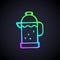 Glowing neon line French press icon isolated on black background. Vector