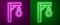 Glowing neon line Gallows rope loop hanging icon isolated on purple and green background. Rope tied into noose. Suicide