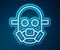 Glowing neon line Gas mask icon isolated on blue background. Respirator sign. Vector