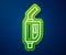 Glowing neon line Gasoline pump nozzle icon isolated on blue background. Fuel pump petrol station. Refuel service sign