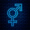 Glowing neon line Gender icon isolated on brick wall background. Symbols of men and women. Sex symbol. Vector