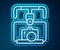 Glowing neon line Gimbal stabilizer with DSLR camera icon isolated on blue background. Vector