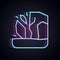 Glowing neon line Glacier melting icon isolated on black background. Vector