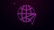 Glowing neon line Globe with flying plane icon isolated on purple background. Airplane fly around the planet earth