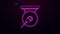 Glowing neon line Gong musical percussion instrument circular metal disc and hammer icon isolated on purple background