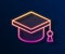 Glowing neon line Graduation cap icon isolated on black background. Graduation hat with tassel icon. Vector