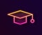 Glowing neon line Graduation cap icon isolated on black background. Graduation hat with tassel icon. Vector Illustration