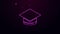 Glowing neon line Graduation cap icon isolated on purple background. Graduation hat with tassel icon. 4K Video motion