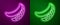 Glowing neon line Green peas icon isolated on purple and green background. Vector